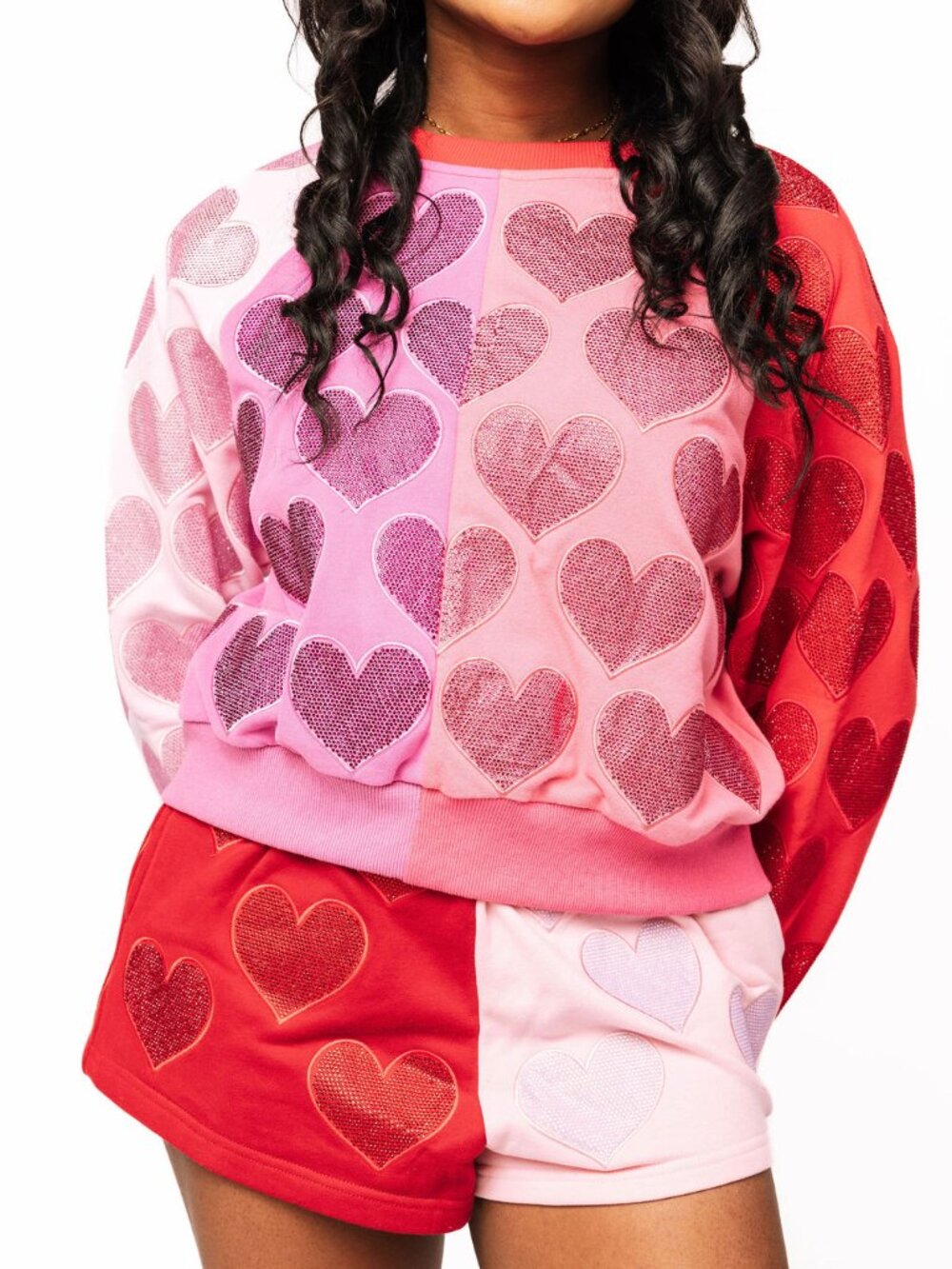 Colorblock Rhinestone Hearts Sweatshirt